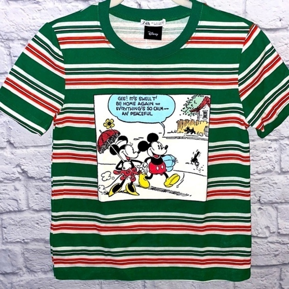Disney x Zara Mickey Minnie Mouse Comic Strip Striped Short Sleeve Tee Shirt Top